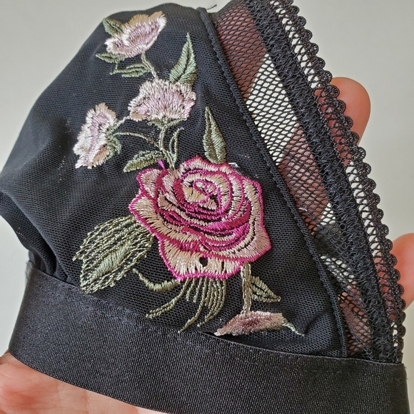 Rose + VINE Black bralette with pink floral embroidery and Mesh - Picture 3 of 10